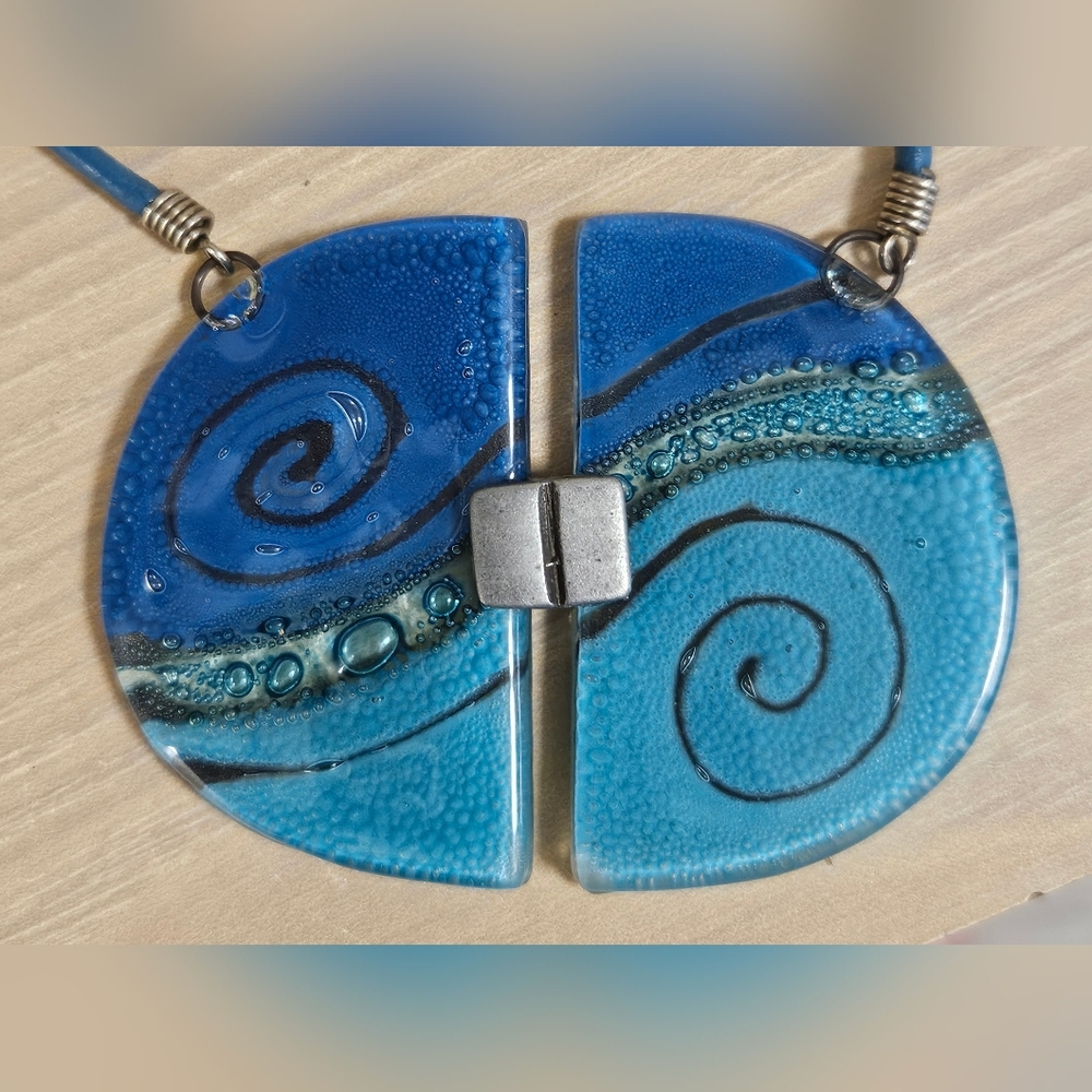 Vintage Murano Glass Lampwork Artsy Waves Fusion Handmade Leather Cord Necklace View 6